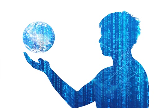 Concept of communication technology and internet networking. silhouette of a man with a globe in his hand photo