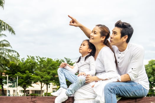 Happy family spending time together in the park, Beautiful asian family sitting on a chair in the park, pointing at something and looking up while picnicking with her family photo
