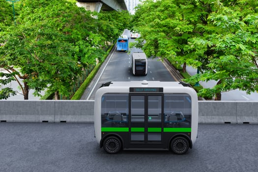 Autonomous electric shuttle bus self driving across city green road, Smart vehicle concept photo