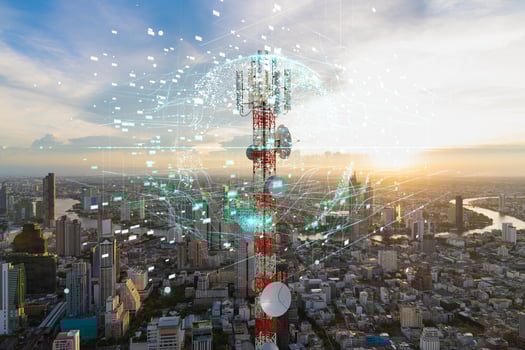 Telecommunication tower with 5G cellular network antenna on city background, Global connection and internet network concept photo
