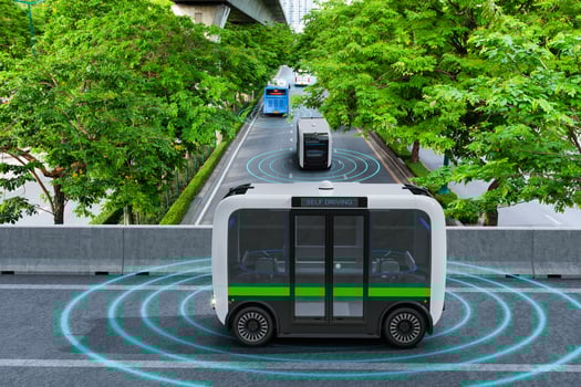 Autonomous electric shuttle bus self driving across city green road, Smart vehicle concept photo