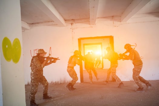 military troops in action urban environment photo