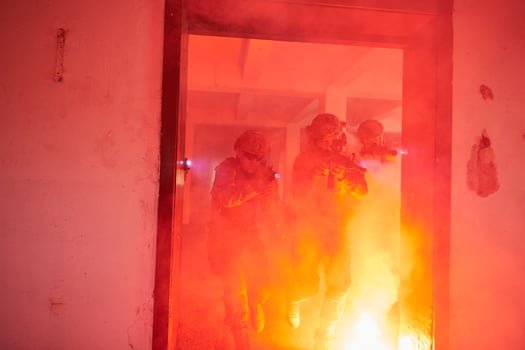 military troops in action urban environment photo