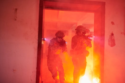 military troops in action urban environment photo