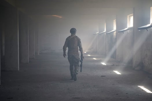 modern warfare soldier in urban environment photo