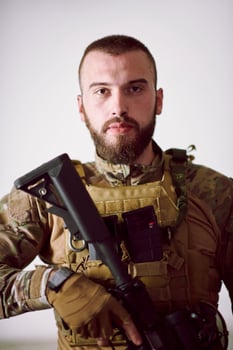 modern warfare soldier portrait in urban environment photo