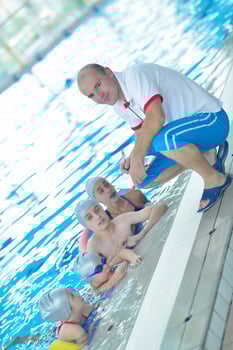 children group  at swimming pool photo