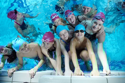 happy children group  at swimming pool photo