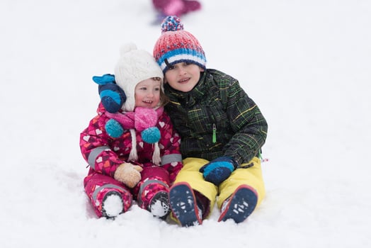 group of kids having fun and play together in fresh snow photo