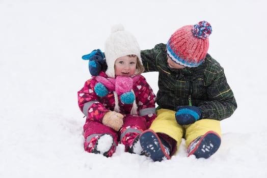 group of kids having fun and play together in fresh snow photo