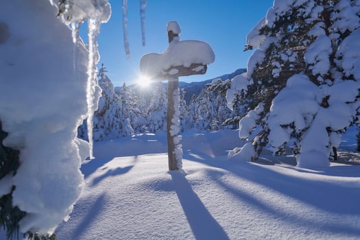 Wooden cross covered with fresh snow at beautiful fresh winter morning photo