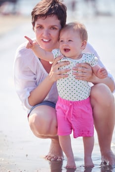 mom and baby on beach  have fun photo