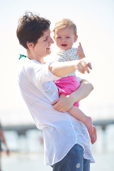 mom and baby on beach  have fun photo