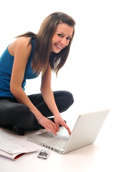 young girl work on laptop photo