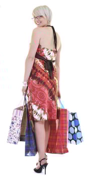 happy young adult women  shopping with colored bags photo
