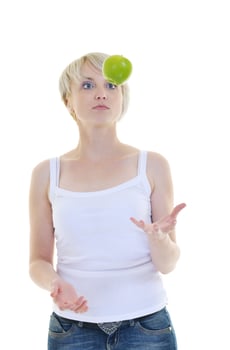 happy  young  woman eat green apple isolated  on white photo