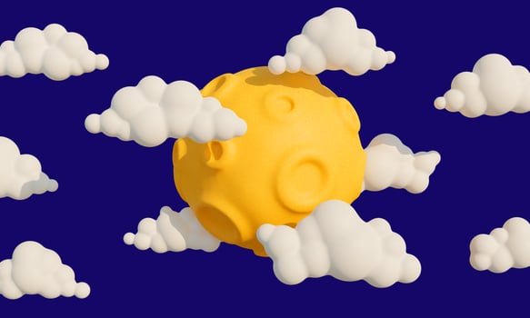 Cartoon moon with craters surrounded fluffy clouds photo