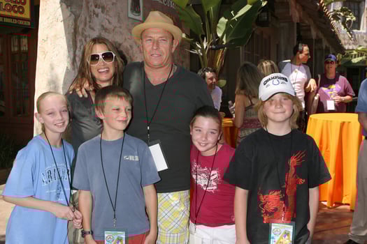 Amanda Pays  Corbin Bernsen with kids and Their niece nephews The Simpsons Ride Grand Opening Universal Studios Theme Park Los Angeles CA May 17 2008 2008 Kathy Hutchins Hutchins Photo