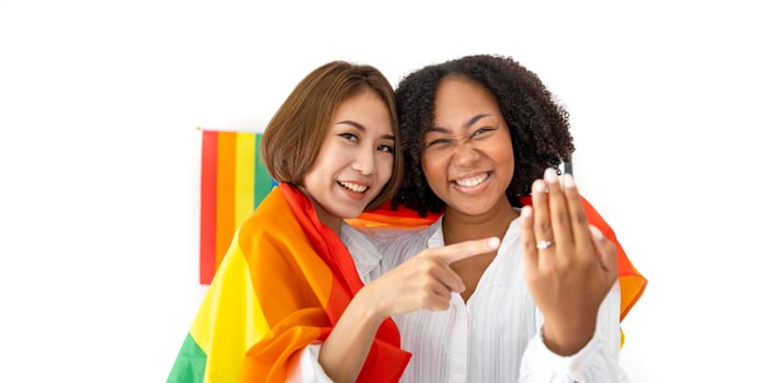 Couple of same sex marriage from difference races showing their wedding ring with LGBTQ rainbow flag for pride month to promote equality and differences of homosexual and discrimination concept photo