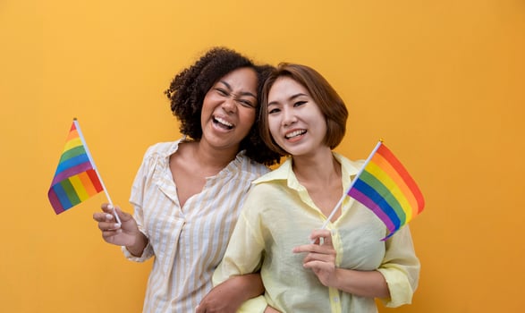 Couple of same sex marriage holding LGBTQ rainbow flag for pride month to promote equality and differences of homosexual and discrimination concept isolated on yellow background photo