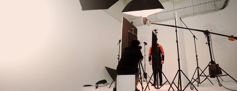 Studio video production lighting set. Behind the scenes shooting production set up photo