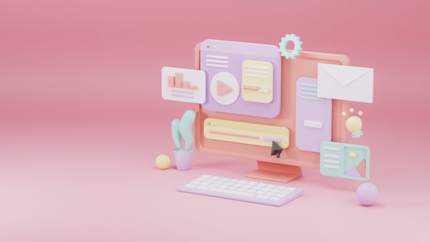3D Web Design. Computer with open pages. Landing page template for web. 3D Rendering photo