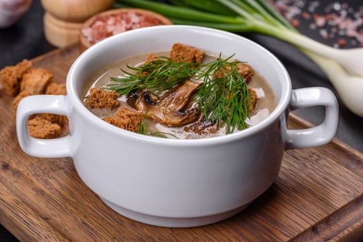 A delicious fresh, thick soup of mushroom puree with breadcrumbs, spices and herbs photo