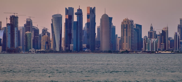 Doha skyline from Corniche daylight panoramic view showing West Bay skyscrapers photo