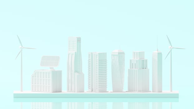 Minimal concept. White building and electric turbine mockup set lined up on blue background. photo