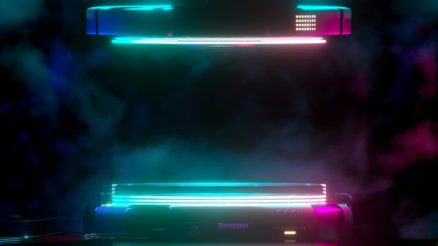 Power podium empty stage with bright neon lamps and multicolored smoke, Presentation of the show. Scene of the future  Sci-fi idea concept. photo