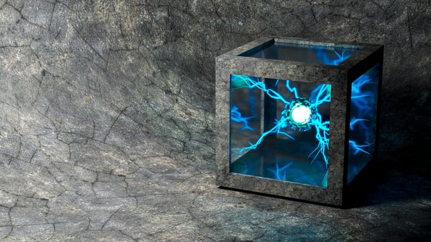 Electric arc energy cube in mortar box. placed on the cement floor blue sparks. photo