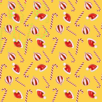 New Year seamless pattern of Christmas toys on a yellow background 3d render photo