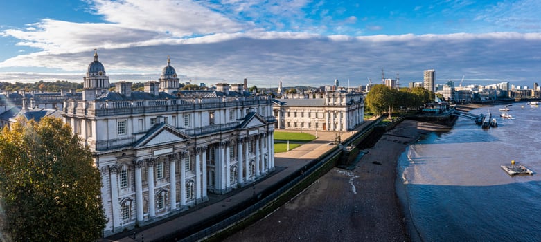 Panoramic aerial view of Greenwich Old Naval Academy by the River Thames photo