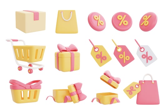 Great discount and sale promotion concept object collection with shopping bag, cart, baskets and gift boxes, 3d rendering. photo