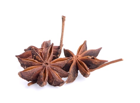 Star anise spice fruits and seeds isolated on white background closeup photo