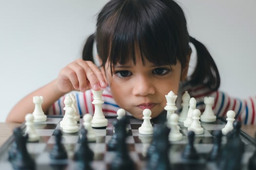 Asian little girl playing chess at home.a game of chess photo