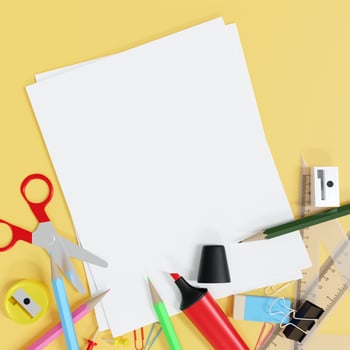 back to school supplies with blank paper background photo