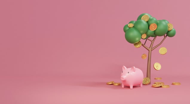 3D Rendering concept of investment. A money tree with coins falling and pink piggy banks on background  for commercial design. 3D Rendering. photo