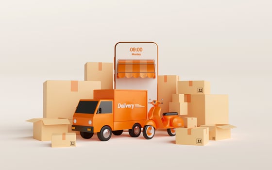 Delivery service on mobile application, Transportation delivery by truck or scooter, 3d illustration photo