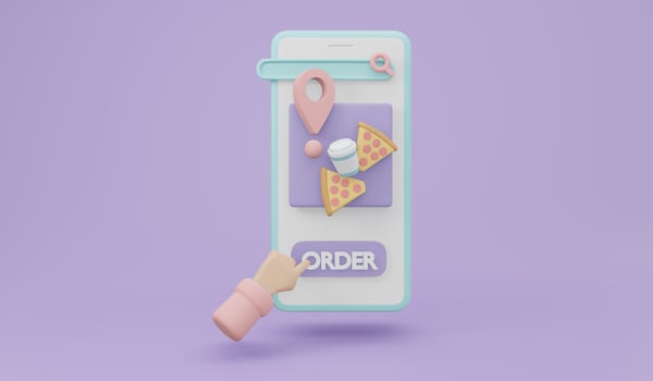 3D Rendering of Phone with food and order button on background concept of online food delivery. 3D Render illustration cartoon style. photo