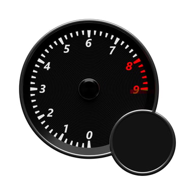 3D illustration close up black car panel, digital bright tachometer on white isolated background photo