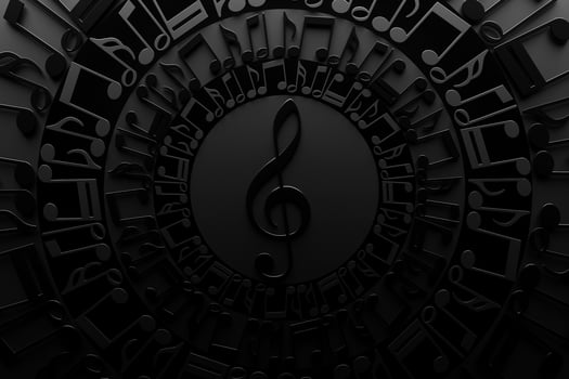 Treble clef in a circle of musical notes on a black background. Design. 3D illustration photo