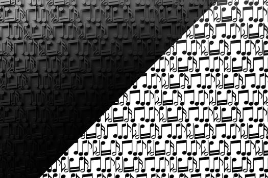 Black and white music sheet background with drawn notes. Simple cartoon design. 3D illustration photo