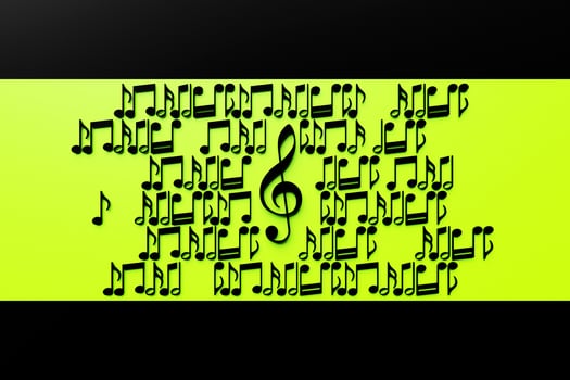 Treble clef and musical notes on a green  background. Design. 3D illustration photo
