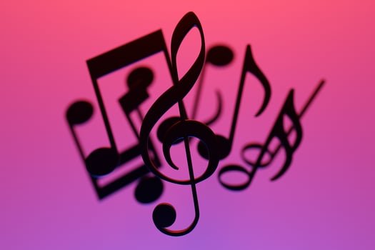 Musical notes and symbols with curves and swirls on a pink background.  3D illustration photo