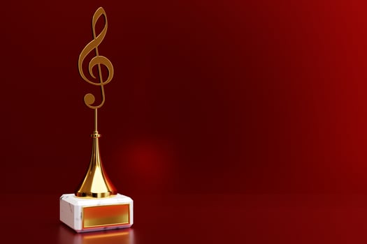 Golden music award with a treble clef on a red background, 3d illustration photo