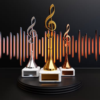 Golden music award with a treble clef on a black background, 3d illustration photo