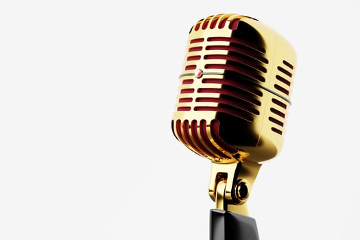 Golden  metal retro microphone, classic metal microphone on a white  background, close-up view. Live show, music recording, entertainment concept. 3d illustration photo