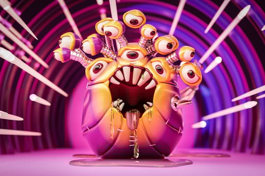 A creepy monster with a huge number of eyes and fangs quickly creeps along the corridor with fear. 3D rendering photo