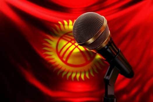 Microphone on the background of the National Flag of Kyrgyzstan , realistic 3d illustration. music award, karaoke, radio and recording studio sound equipment photo